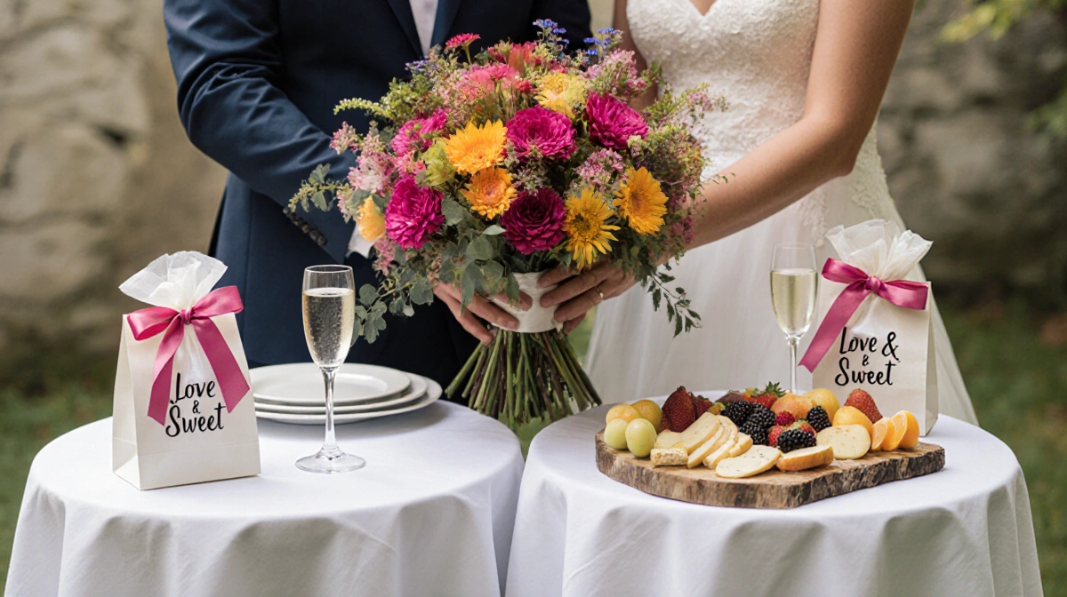 Couple exchanging vows while holding a vibrant wedding bouquet with champagne flutes and cake beside them.
