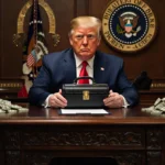 Wealthy businessman sits behind ornate desk with briefcase of cash and presidential seal glowing behind him