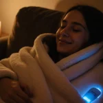 Person relaxing on couch with heated blanket wrapped around shoulders and gentle blue LED lights glowing