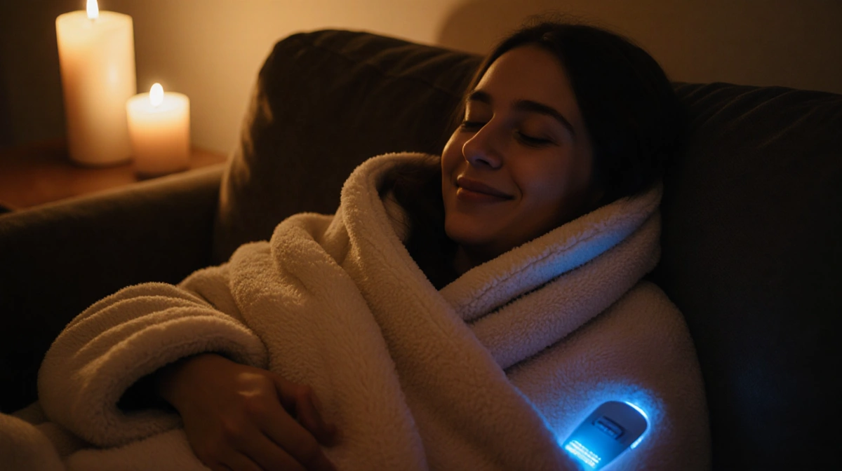 Person relaxing on couch with heated blanket wrapped around shoulders and gentle blue LED lights glowing