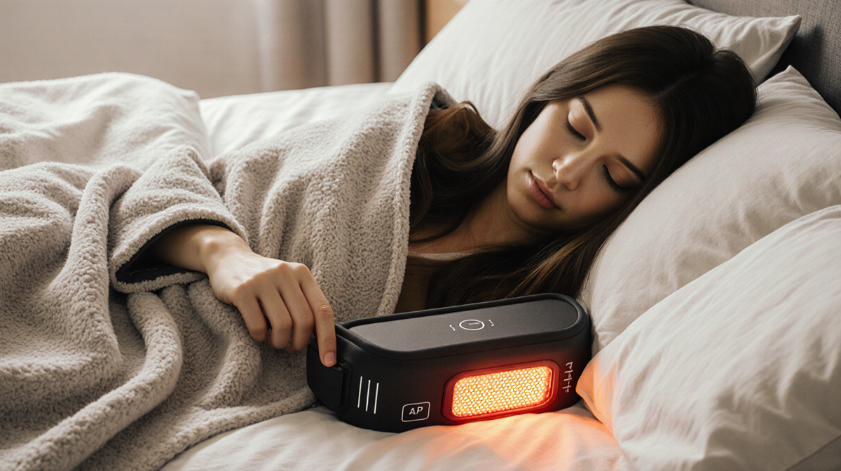 Person resting snugly with a cordless heated blanket emitting warm glow and soft bedding around them