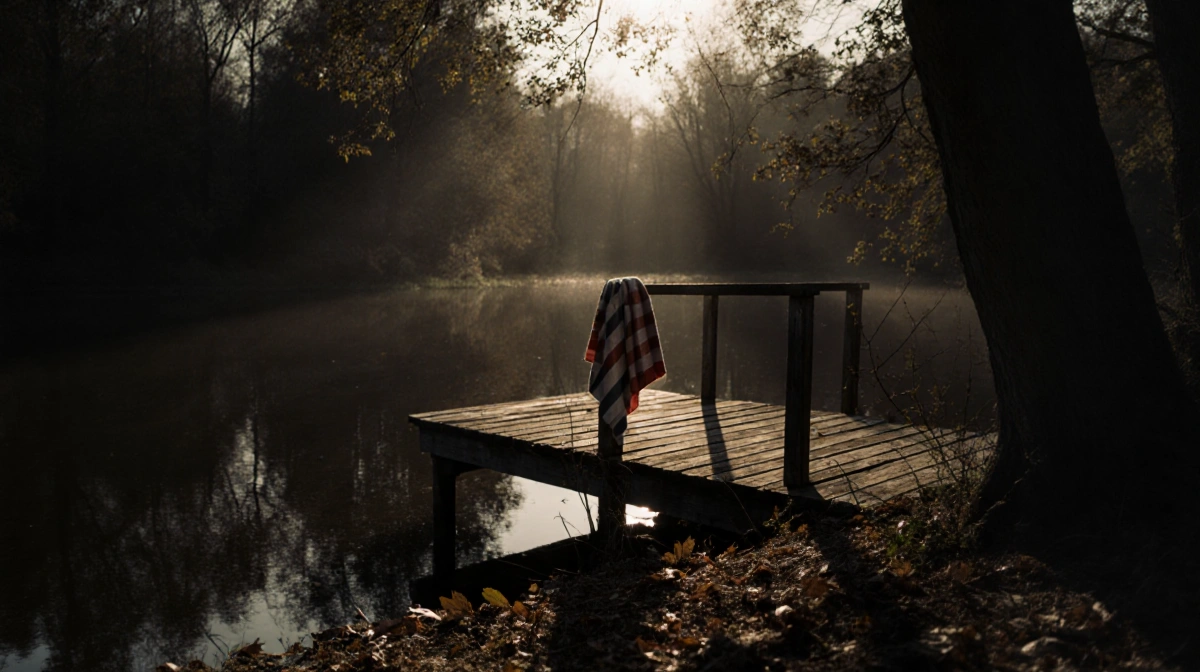 Weathered wooden dock stretches into still pond with child