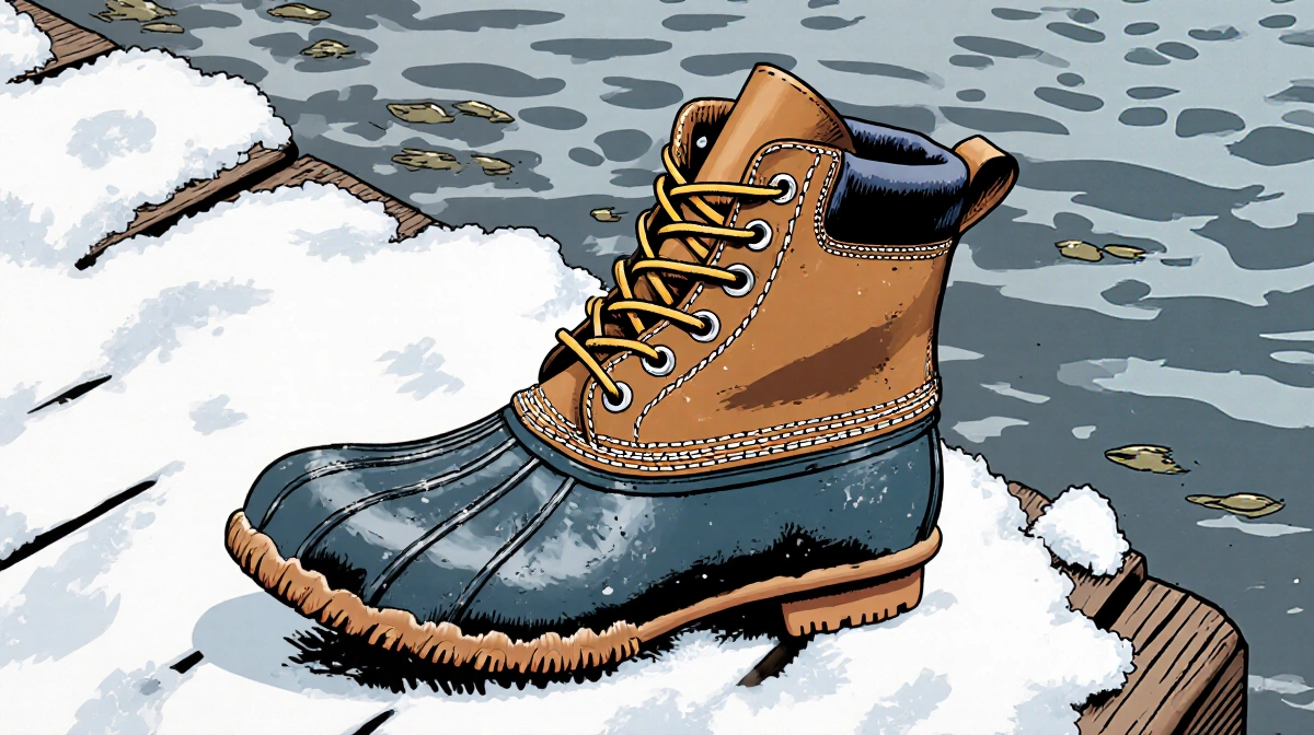 Weathered duck boot rests on snow with undone laces and scuffed leather showing waterproof lining