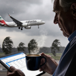Weary traveler checking flight itinerary on tablet while holding warm coffee with stormy sky and plane takeoff in background