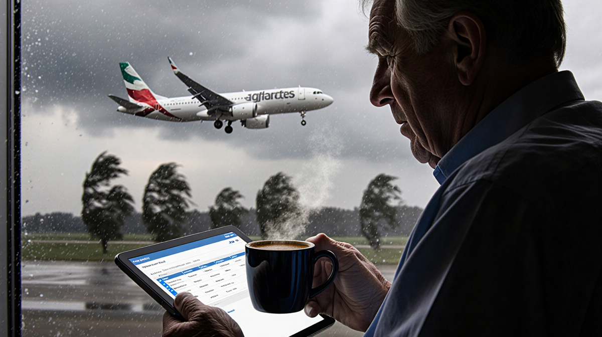 Weary traveler checking flight itinerary on tablet while holding warm coffee with stormy sky and plane takeoff in background