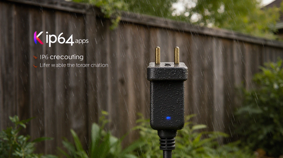 Weatherproof outdoor smart plug withstands rain with water droplets and Kasa logo on weathered surface near green plants
