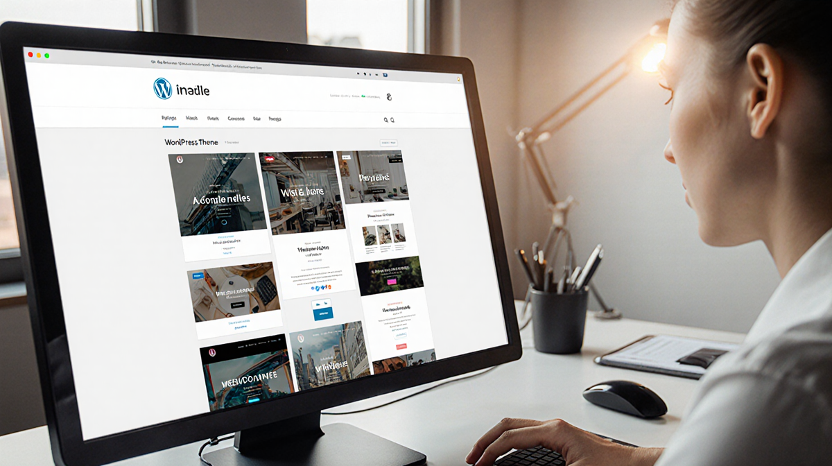 Web designer looking at WordPress themes on screen with soft warm lighting and blurred background