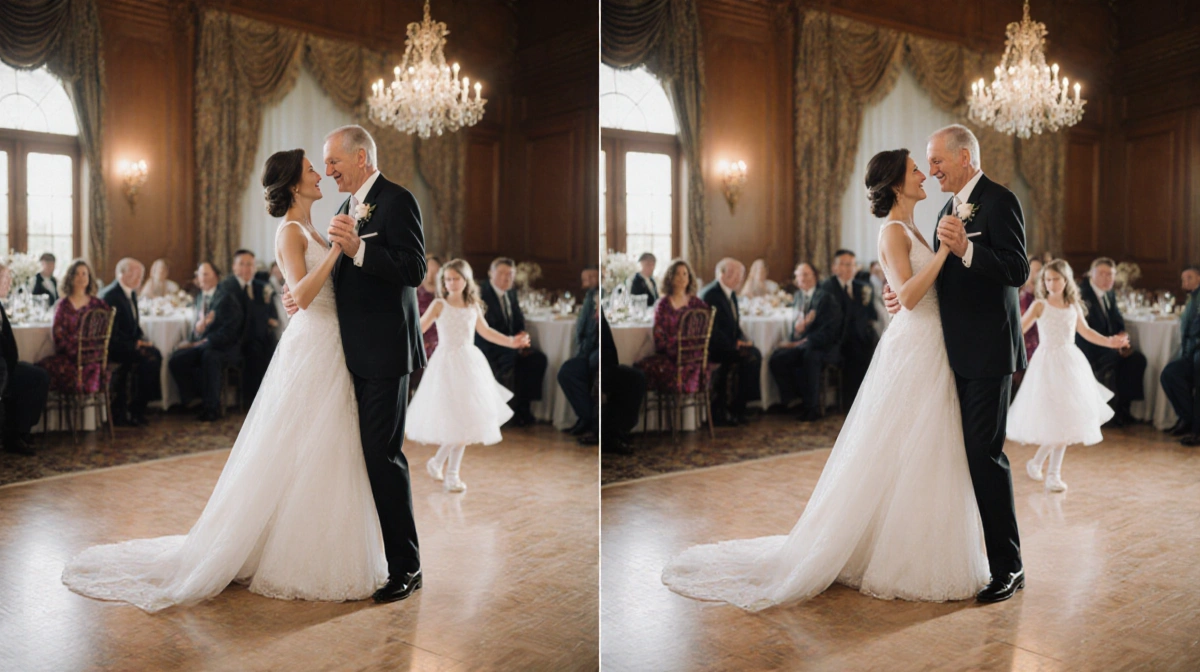 Happy couple dancing at wedding reception with daughters twirling in background and nostalgic blur
