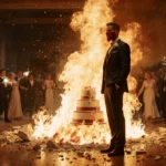 Groom stands burned near flaming wedding cake with sparkler on floor and guests fleeing behind