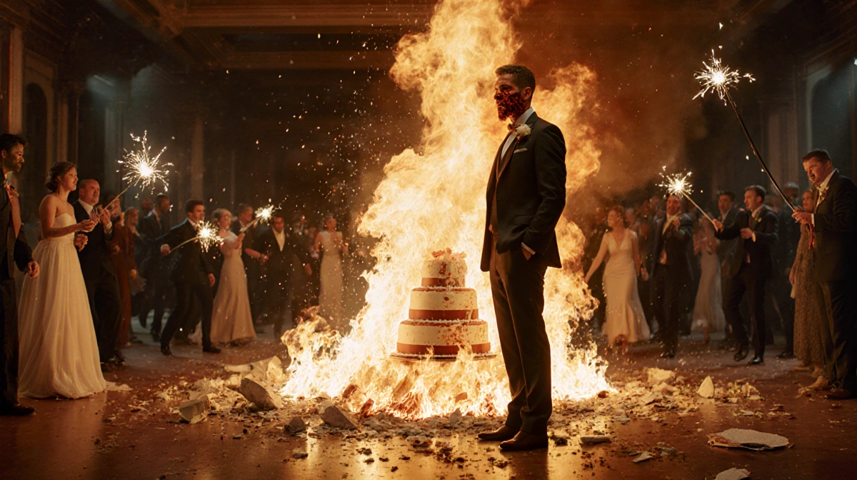 Groom stands burned near flaming wedding cake with sparkler on floor and guests fleeing behind