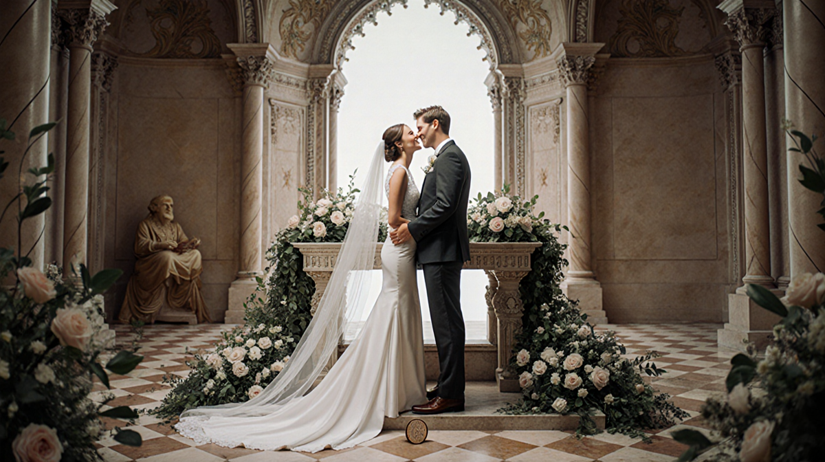 Wedding day couple standing before an ornate altar with formal dress and flowers and a subtle coin at the base