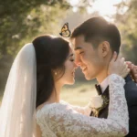 Happy couple embracing on wedding day with butterfly on bride