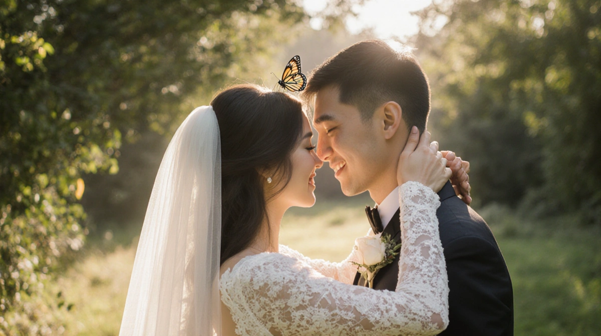 Happy couple embracing on wedding day with butterfly on bride