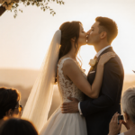 Bride kissing groom with golden wedding sunset light and friends in tears