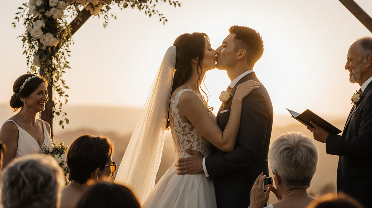 Bride kissing groom with golden wedding sunset light and friends in tears