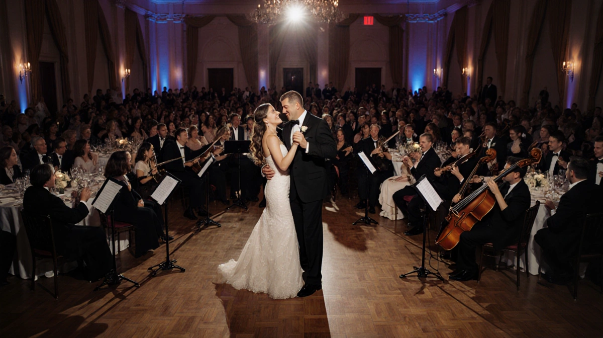 Orchestra performing Uptown Girl on dance floor with guests dining and elegant wedding reception lighting