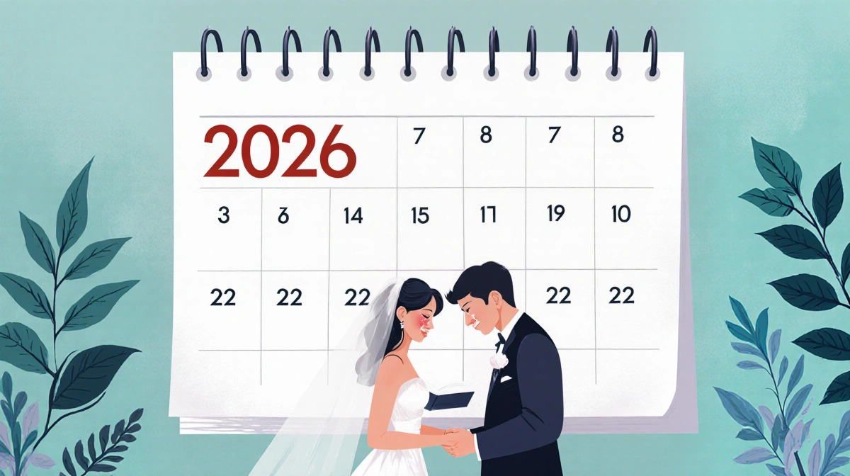 Couple exchanging wedding vows with calendar showing date change from 2026 to 2025 and subtle expressions of hope