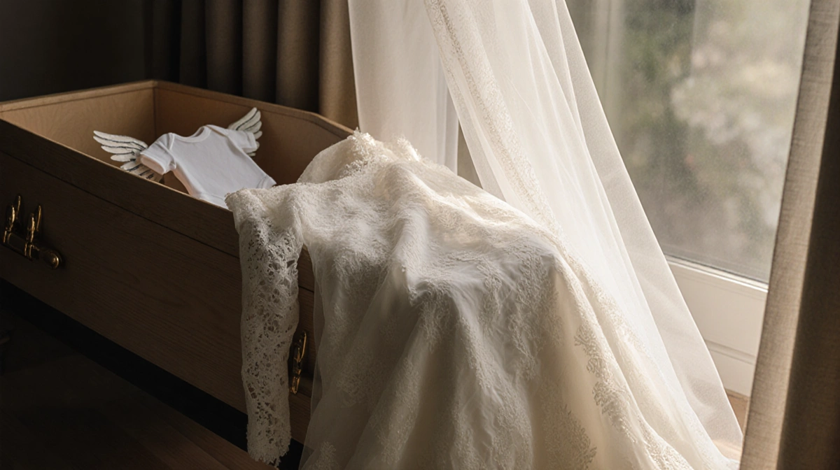 A white wedding dress drapes over a wooden coffin with a baby