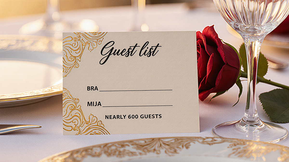 Wedding guest list card showing handwritten font with cream background on gold table beside a red rose at a Brooklyn wedding