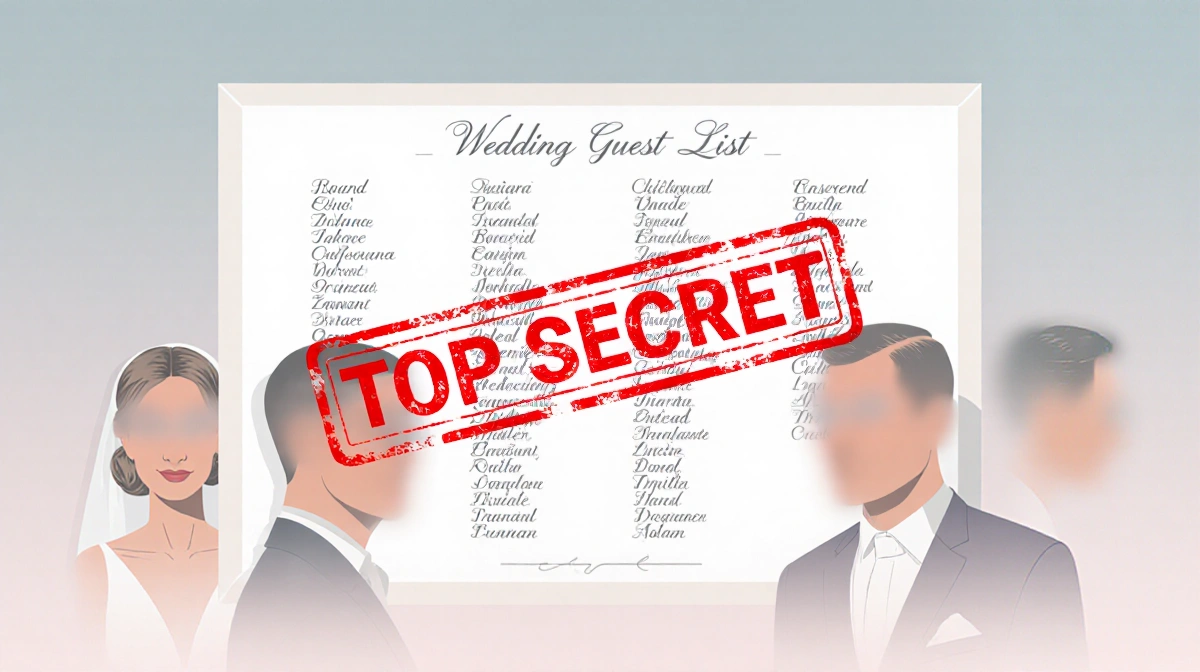 Wedding guest list board with red top secret stamp showing blurred names and elegant script writing