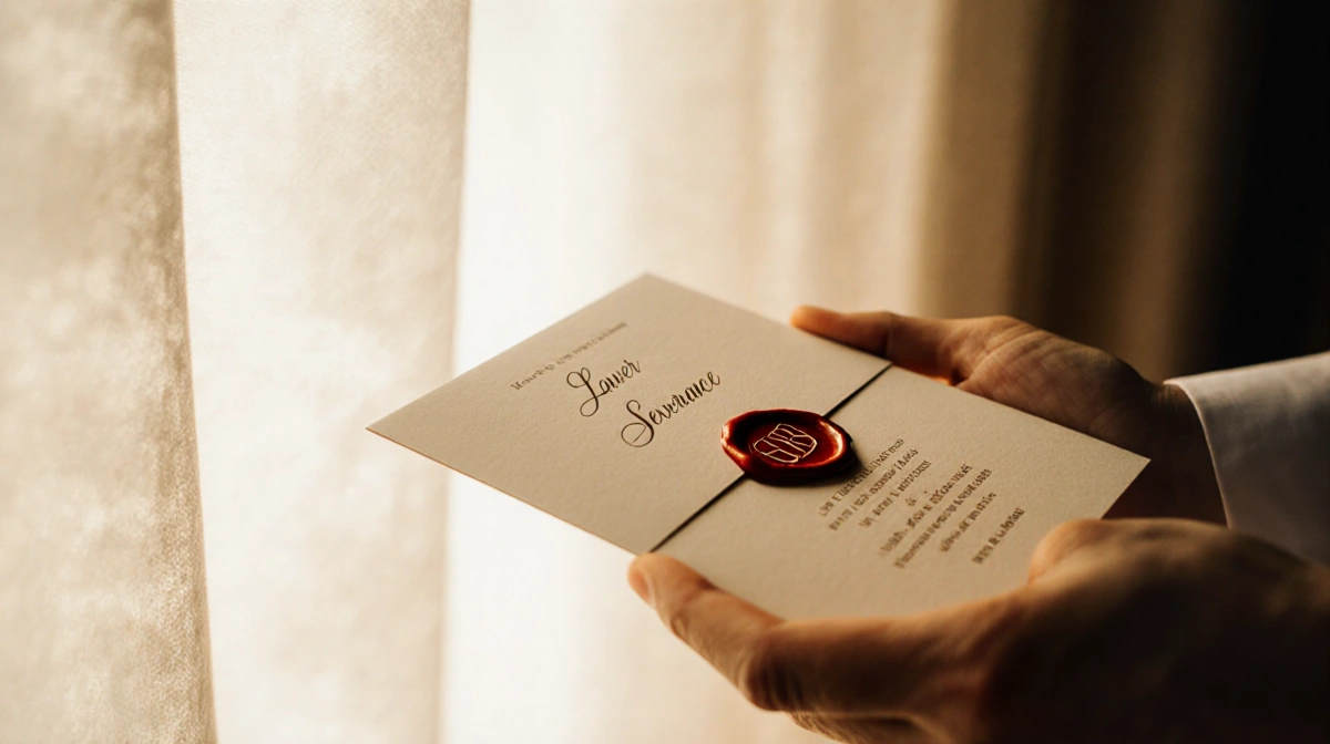 Hand holds elegant wedding invitation with red wax seal showing couple's initials against soft veil background
