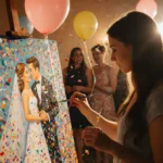 Artist painting wedding couple portrait at easel with guests watching and golden light illuminating the celebration