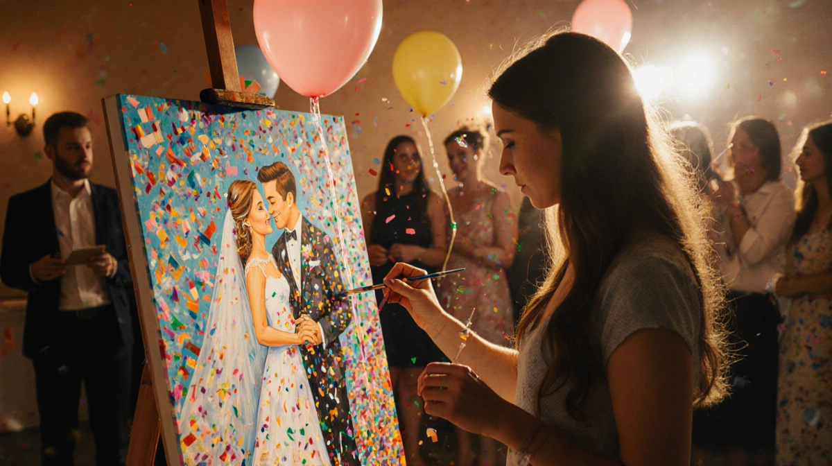 Artist painting wedding couple portrait at easel with guests watching and golden light illuminating the celebration