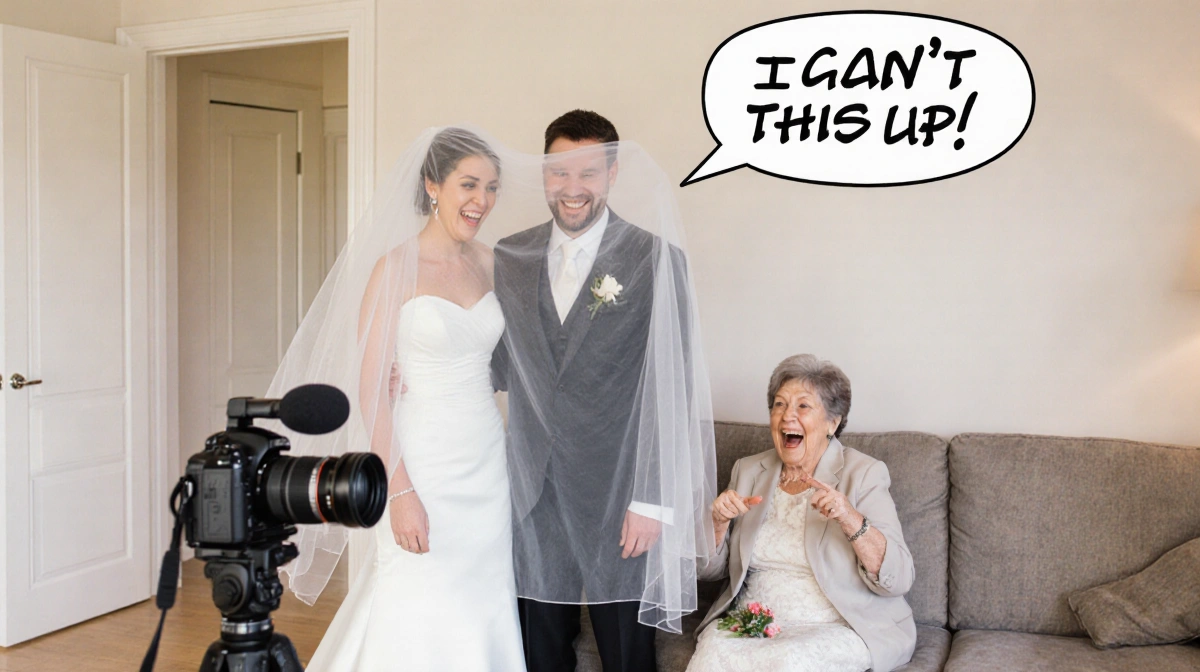 Two smiling newlyweds stand with photographer tangled in wedding veil and mother laughing on couch