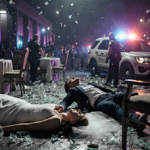 Woman lying motionless on the floor with shattered glass and police lights after a bombing in a ruined wedding reception