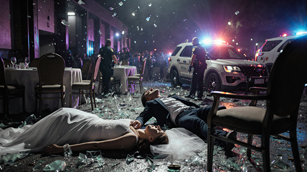 Woman lying motionless on the floor with shattered glass and police lights after a bombing in a ruined wedding reception