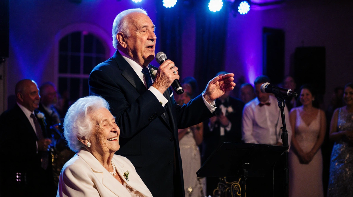 Elderly man singing at wedding microphone with wife beside him showing joy and nostalgia