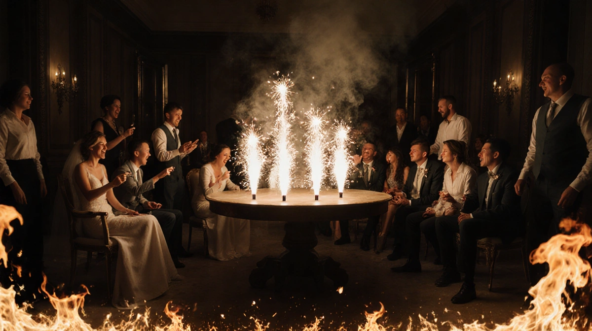 Wedding guests reacting with alarm as sparklers burn on the table with flames and smoke rising near the banquet hall