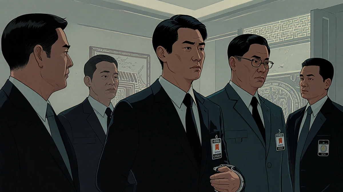 Police officers arresting Wei with handcuffs and badges showing Chinese cultural elements in background