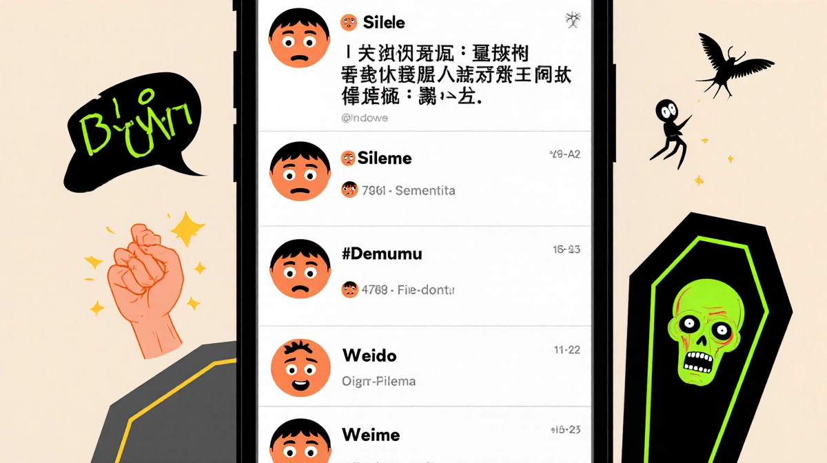 Weibo comment thread shows frustrated faces with neon coffin emoji and zombie reacting to Sileme becoming Demumu