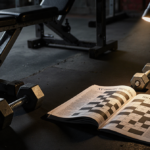 Worn weightlifting bench holds scattered dumbbells with a spotlight shining on them and an open magazine puzzle page.