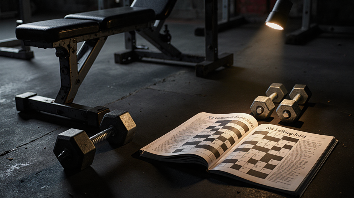 Worn weightlifting bench holds scattered dumbbells with a spotlight shining on them and an open magazine puzzle page.