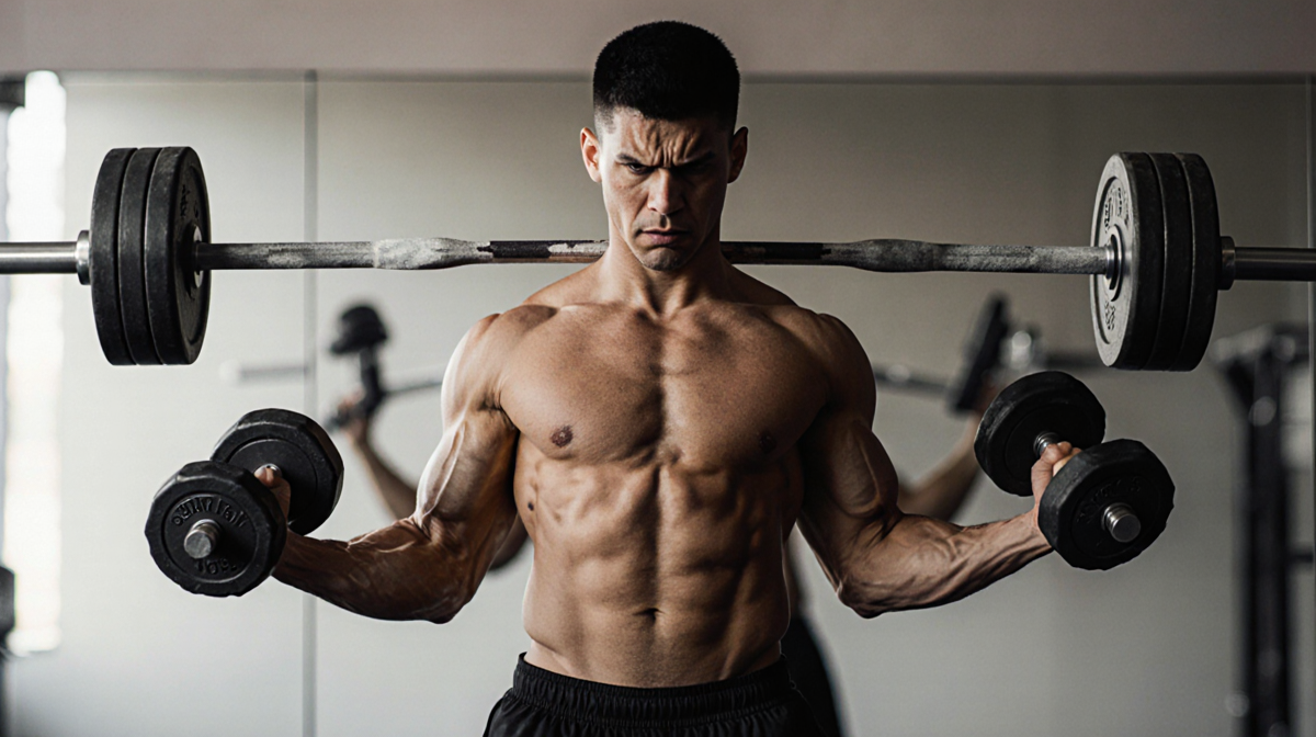 Athlete lifting dumbbells with intense concentration during strength training near a mirrored wall and metallic accents