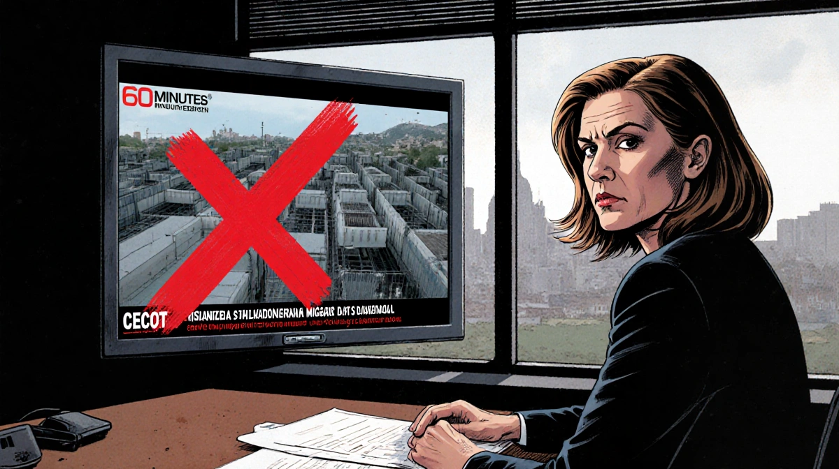 Reporter reviewing controversial 60 Minutes segment with red X marking censorship through window