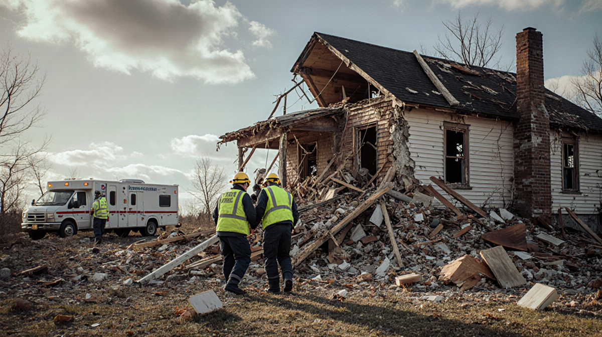 Search and rescue team combing wreckage with a person in yellow vest being led to safety by two responders emergency vehicles