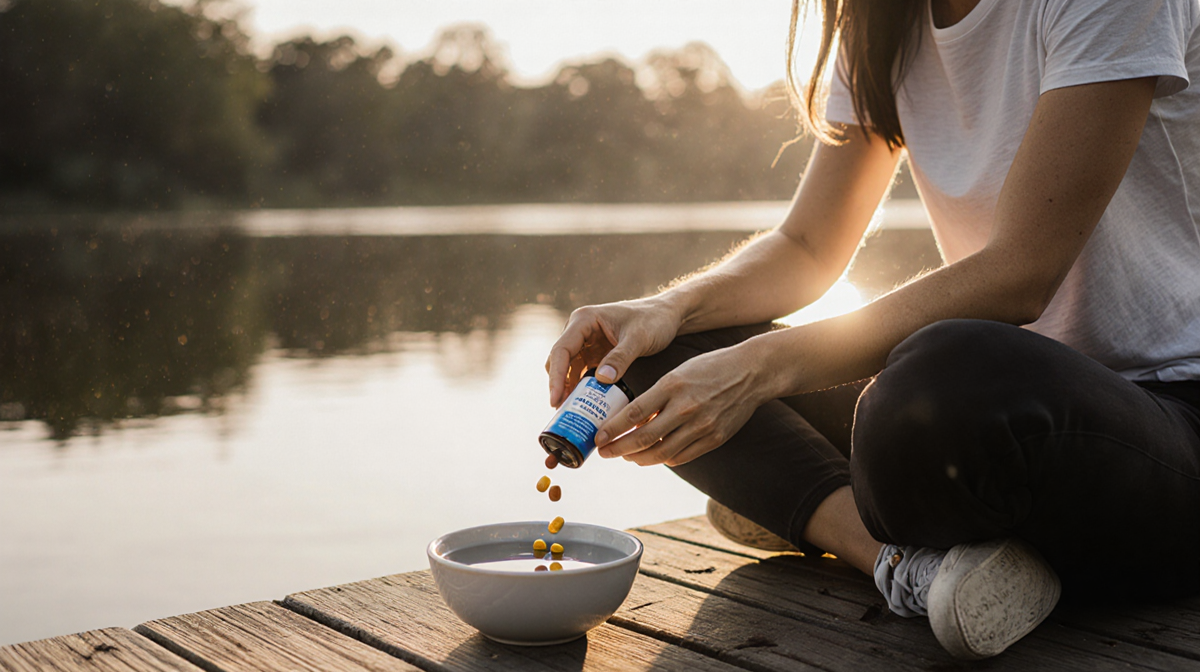 Woman pouring wellness supplement into bowl with calm dawn lake and warm light