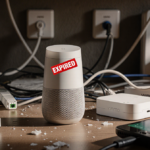 Abandoned smart home hub with a red EXPIRED sticker on a Wemo device and tangled wires curling under table