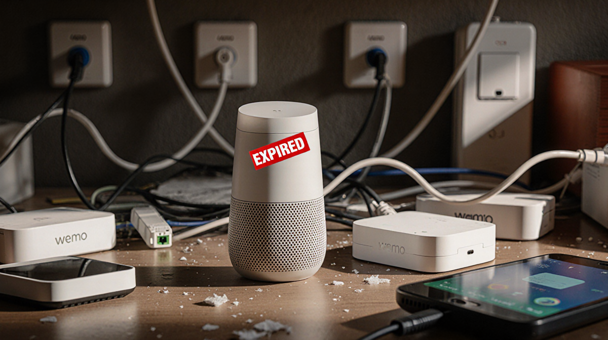 Abandoned smart home hub with a red EXPIRED sticker on a Wemo device and tangled wires curling under table