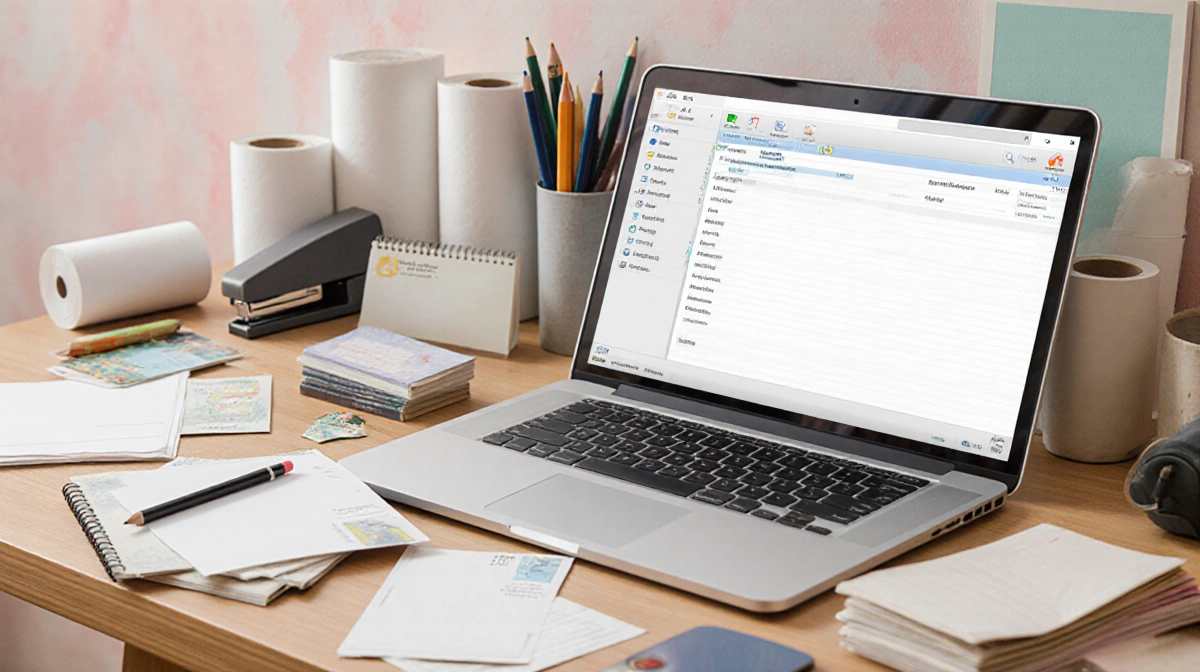 Writer composing letters at cluttered desk with laptop open and stationery scattered beside notebook