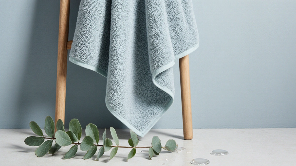 Luxurious West Elm organic bath towel drapes over wooden rack with eucalyptus leaves and water drops on floor
