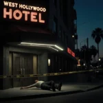 Man lying motionless on sidewalk with police tape and West Hollywood hotel backdrop
