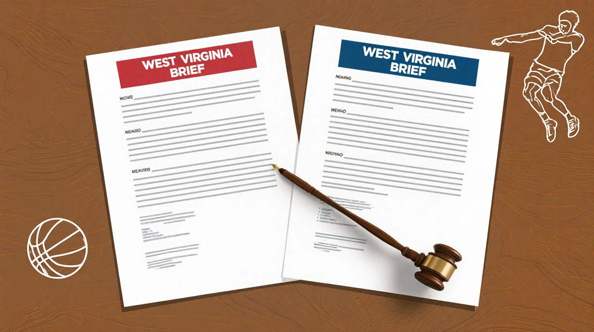 Two court briefs rest on wooden desk with gavel between them and faint sports equipment outlines in background