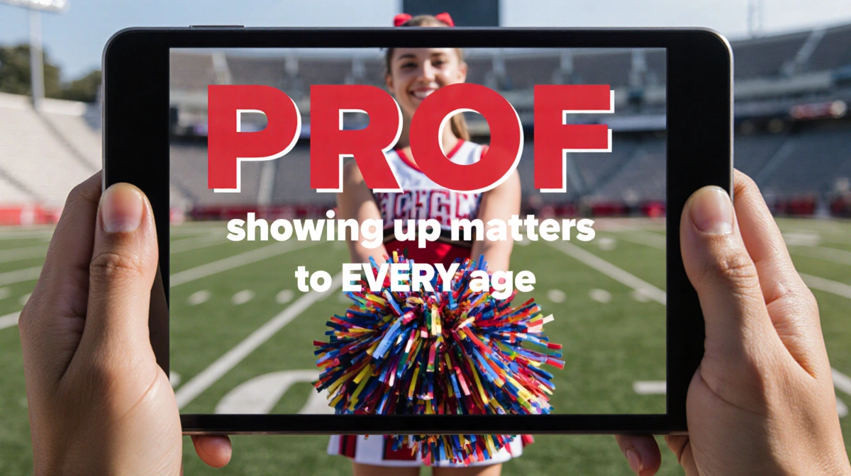 TikToker Westbrouck holds tablet showing PROOF message with cheerleader Hannie and stadium behind