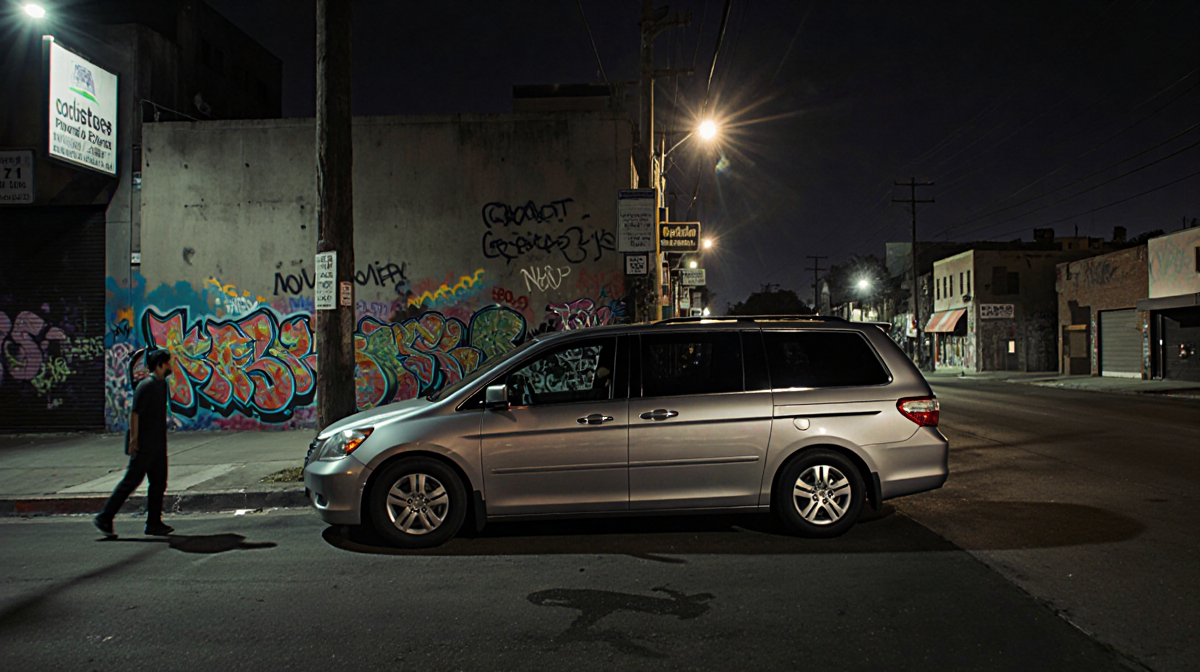 Silver Honda Odyssey sits at an angle with nighttime shadows and street art in a gritty urban setting