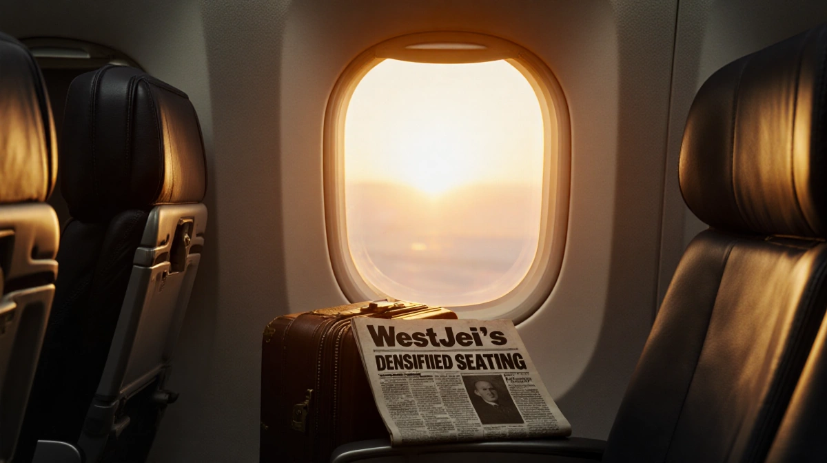 Golden sunset light streams through Boeing 737 cockpit window with vintage suitcase and newspaper reading WestJet seating bel