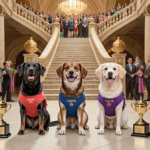 Three champion dogs pose proudly with ribbons and trophies on Art Deco Westminster dog show stage